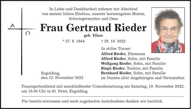 Traueranzeige Gertraud Rieder