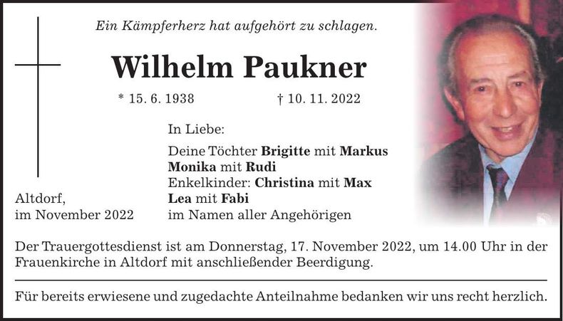 Traueranzeige Wilhelm Paukner