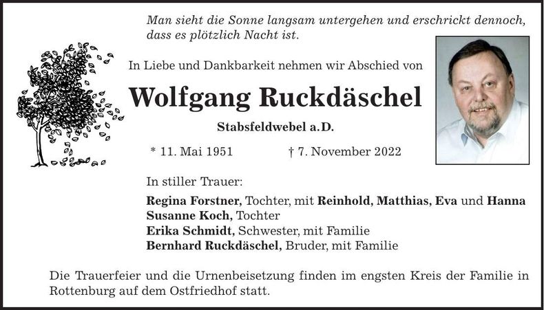 Traueranzeige Wolfgang Ruckdäschel