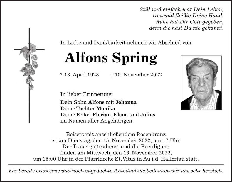 Traueranzeige Alfons Spring
