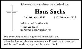 Traueranzeige Hans Sachs
