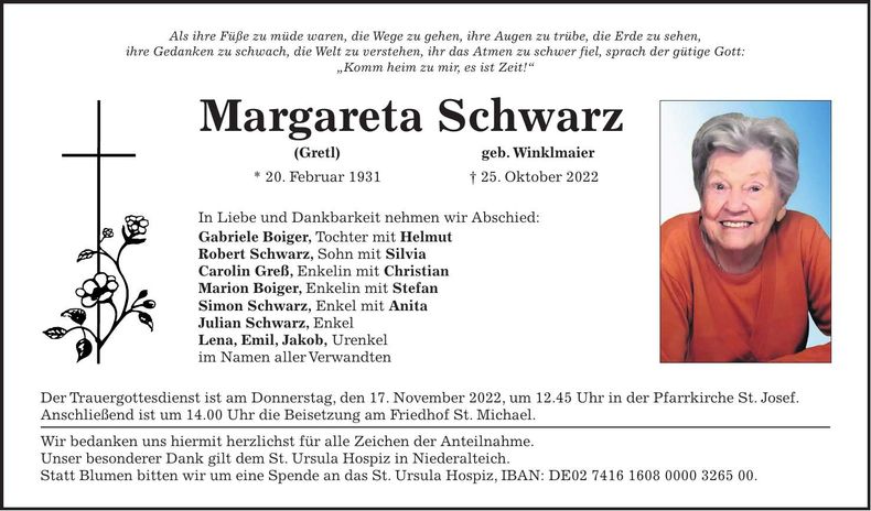 Traueranzeige Margareta Schwarz