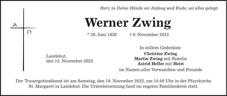 Traueranzeige Werner Zwing
