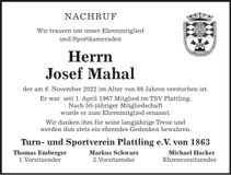Traueranzeige Josef Mahal