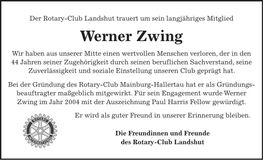 Traueranzeige Werner Zwing