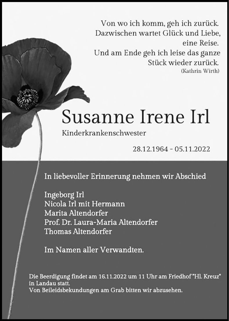 Traueranzeige Susanne Irene Irl