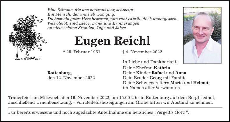 Traueranzeige Eugen Reichl