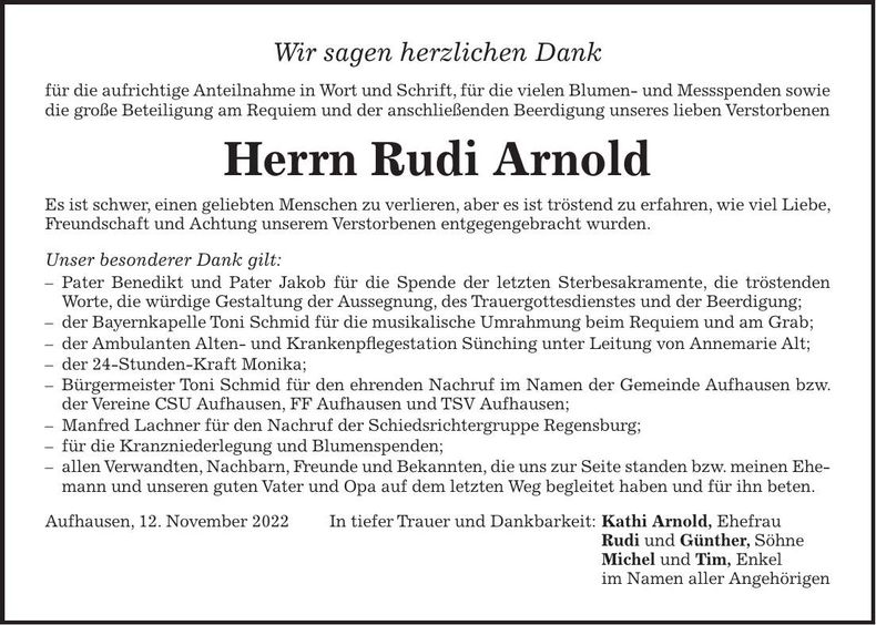 Traueranzeige Rudolf Arnold