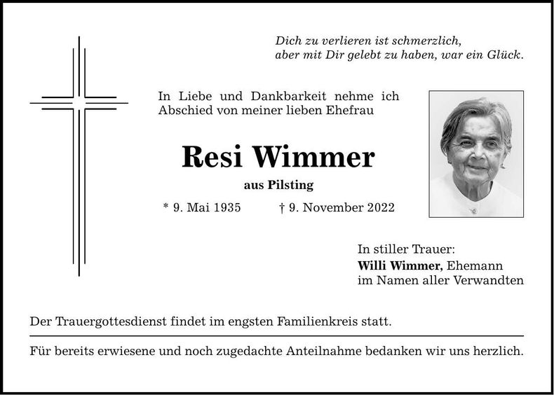 Traueranzeige Resi Wimmer