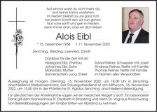Traueranzeige Alois Eibl