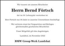 Traueranzeige Bernd Förtsch