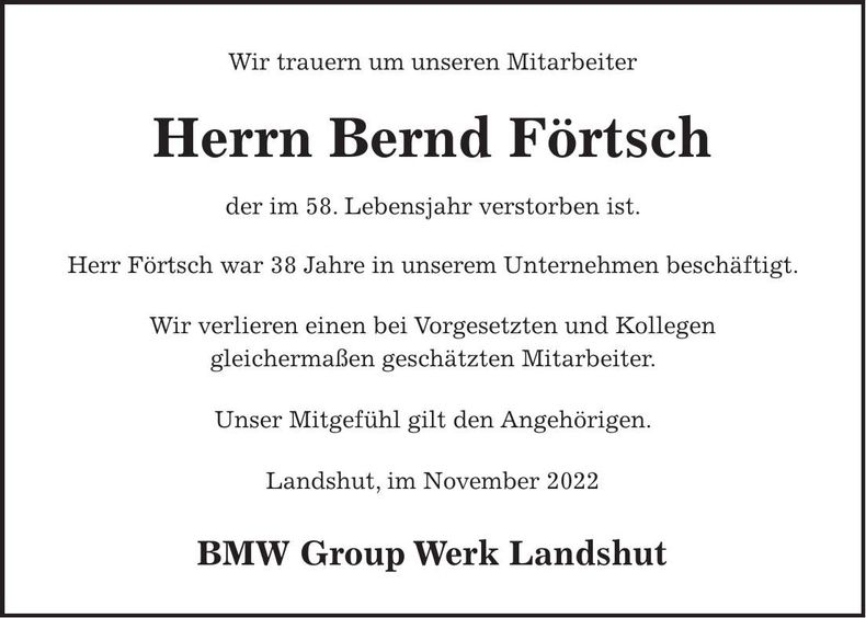 Traueranzeige Bernd Förtsch