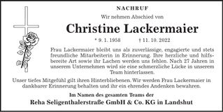 Traueranzeige Christine Lackermaier
