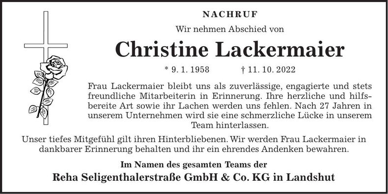 Traueranzeige Christine Lackermaier