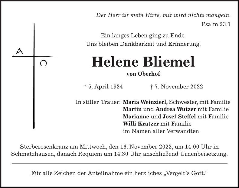 Traueranzeige Helene Bliemel
