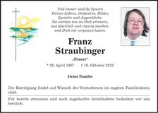 Traueranzeige Franz Straubinger