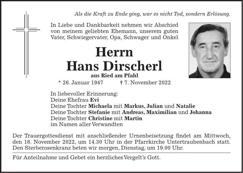 Traueranzeige Hans Dirscherl