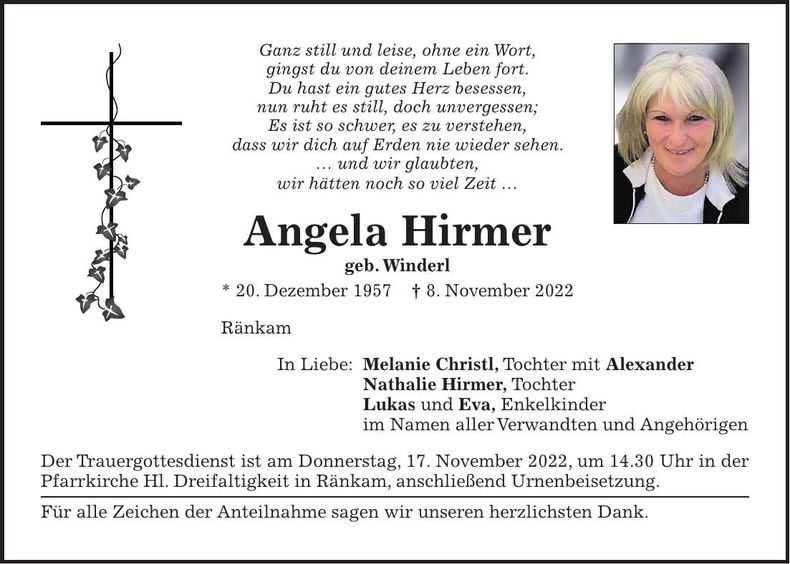 Traueranzeige Angela Hirmer