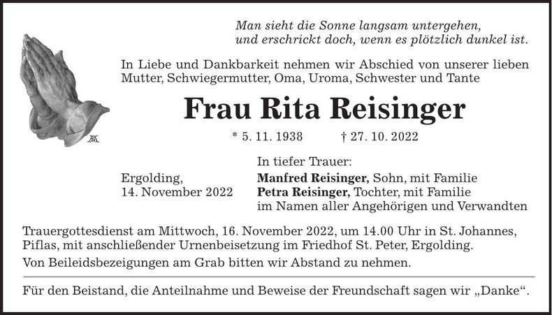 Traueranzeige Rita Reisinger
