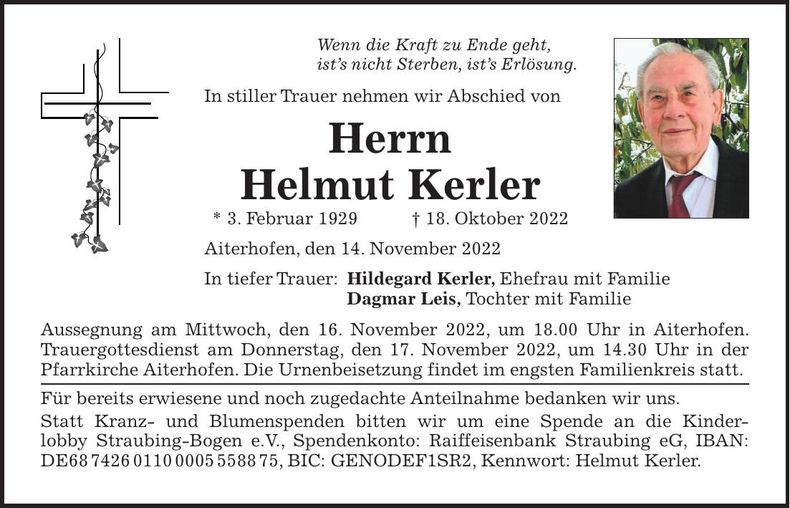 Traueranzeige Helmut Kerler