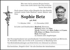 Traueranzeige Sophie Betz