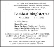 Traueranzeige Lambert Ringlstetter