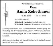 Traueranzeige Anna Zehetbauer