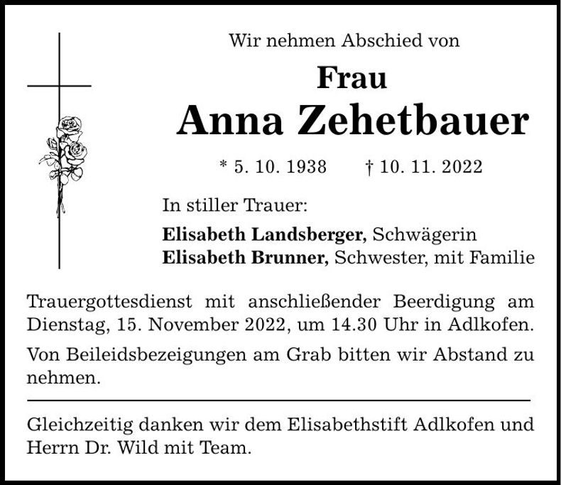 Traueranzeige Anna Zehetbauer