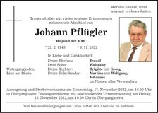 Traueranzeige Johann Pflügler