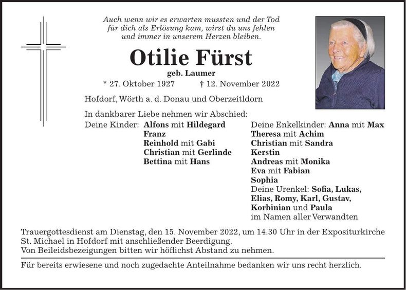Traueranzeige Otilie Fürst
