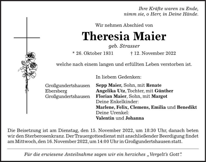 Traueranzeige Theresia Maier