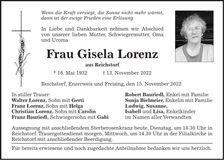 Traueranzeige Gisela Lorenz