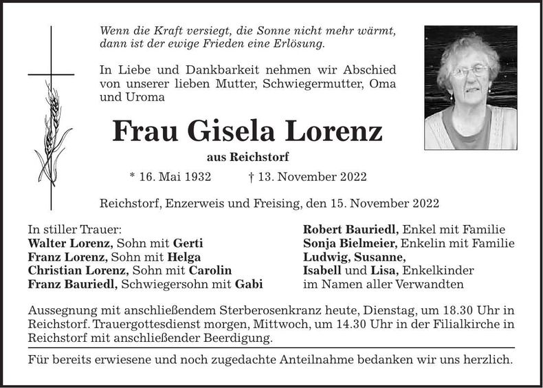 Traueranzeige Gisela Lorenz