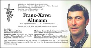 Traueranzeige Franz-Xaver Altmann