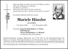 Traueranzeige Mariele Häusler