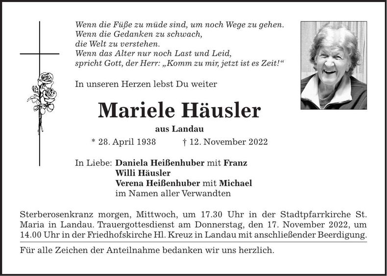 Traueranzeige Mariele Häusler