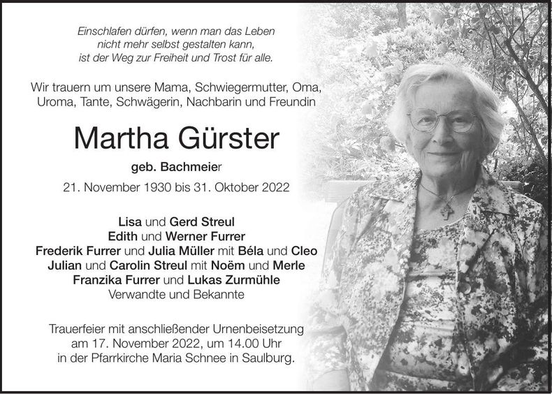 Traueranzeige Martha Gürster