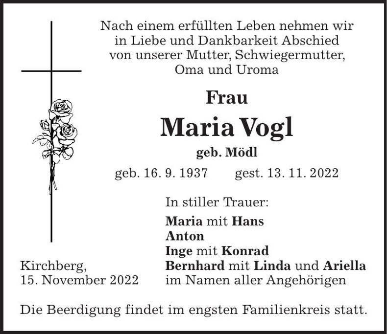 Traueranzeige Maria Vogl