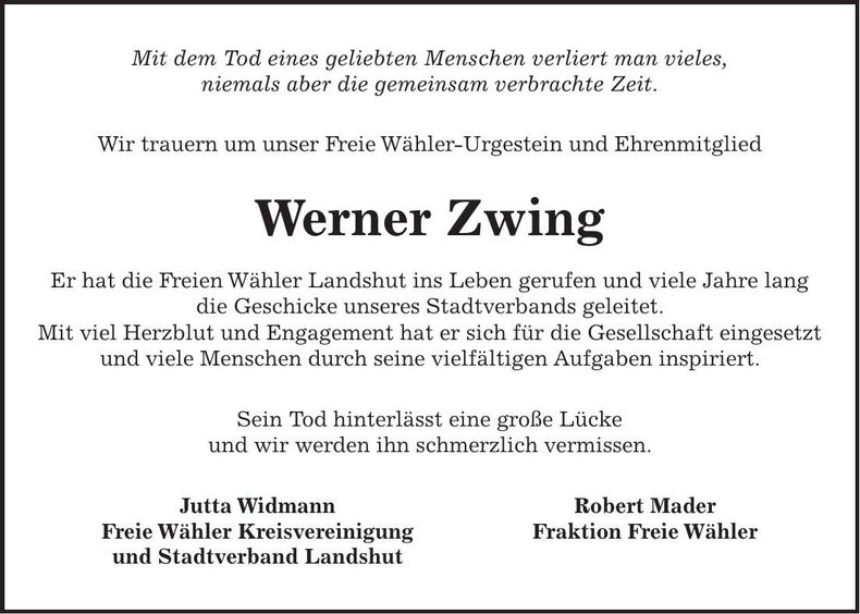 Traueranzeige Werner Zwing