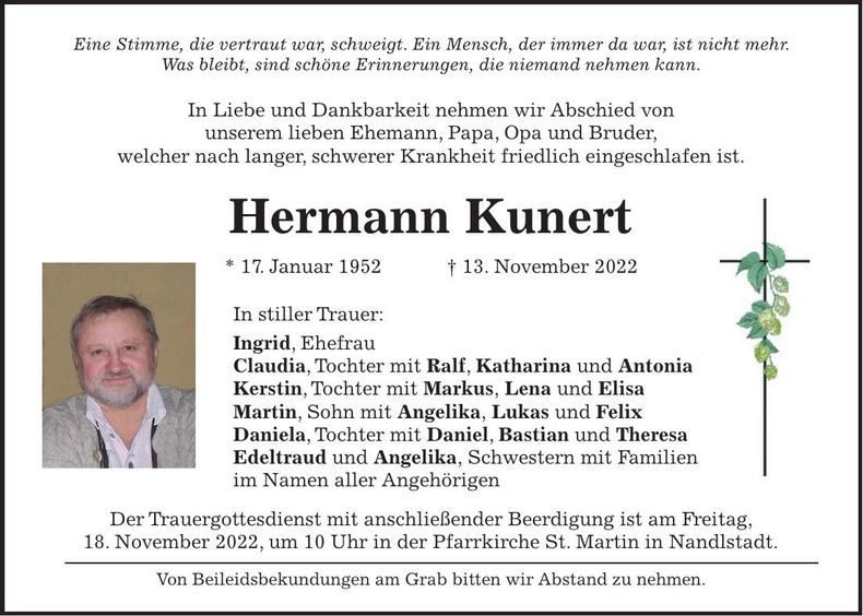 Traueranzeige Hermann Kunert