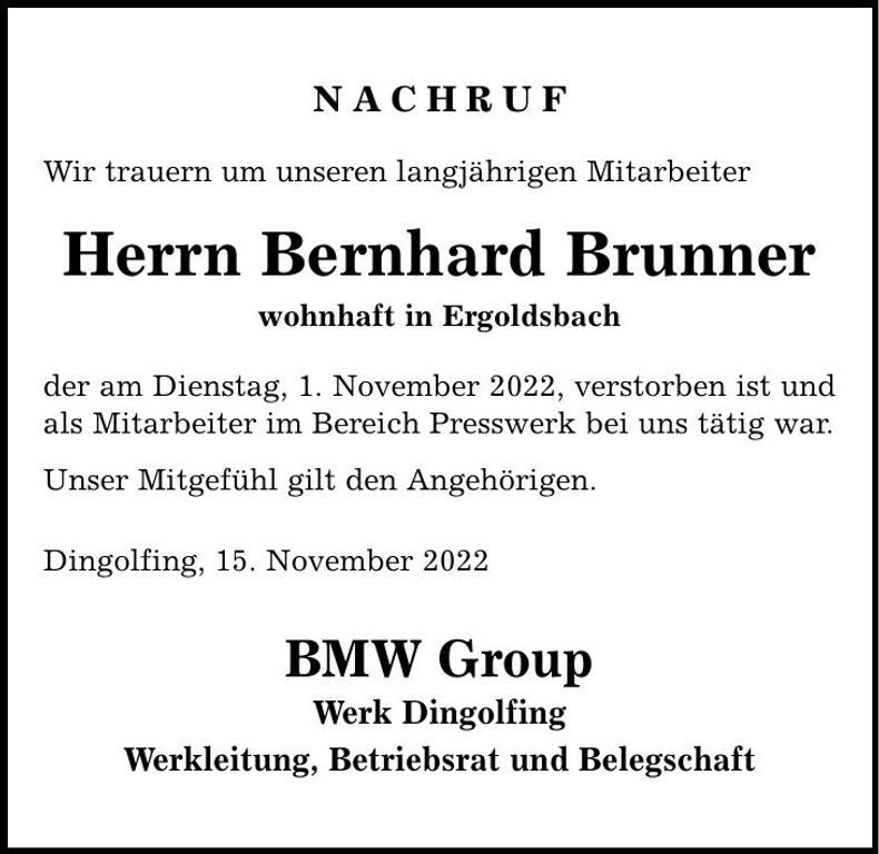 Traueranzeige Bernhard Brunner
