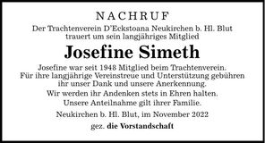 Traueranzeige Josefine Simeth