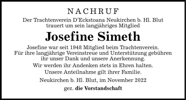 Traueranzeige Josefine Simeth