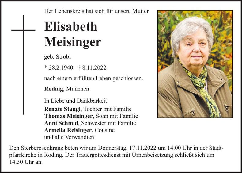 Traueranzeige Elisabeth Meisinger