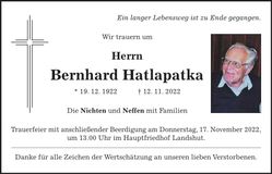 Traueranzeige Bernhard Hatlapatka