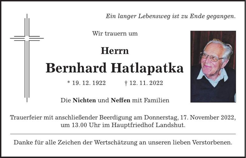 Traueranzeige Bernhard Hatlapatka