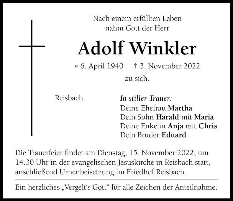Traueranzeige Adolf Winkler