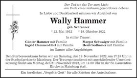 Traueranzeige Wally Hammer