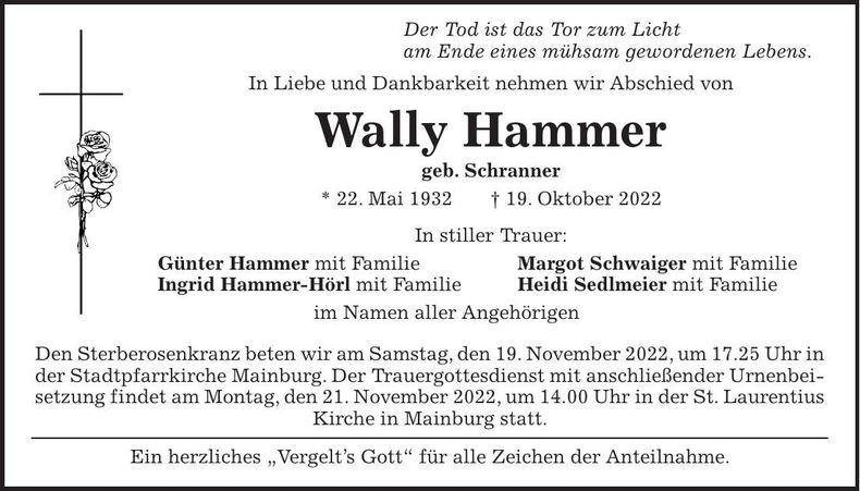 Traueranzeige Wally Hammer