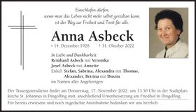 Traueranzeige Anna Asbeck